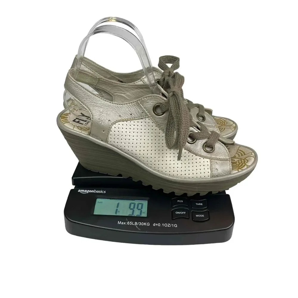 Fly London Womens White Silver Perforated Leather‎ Yuta Wedge Sandals Size 39